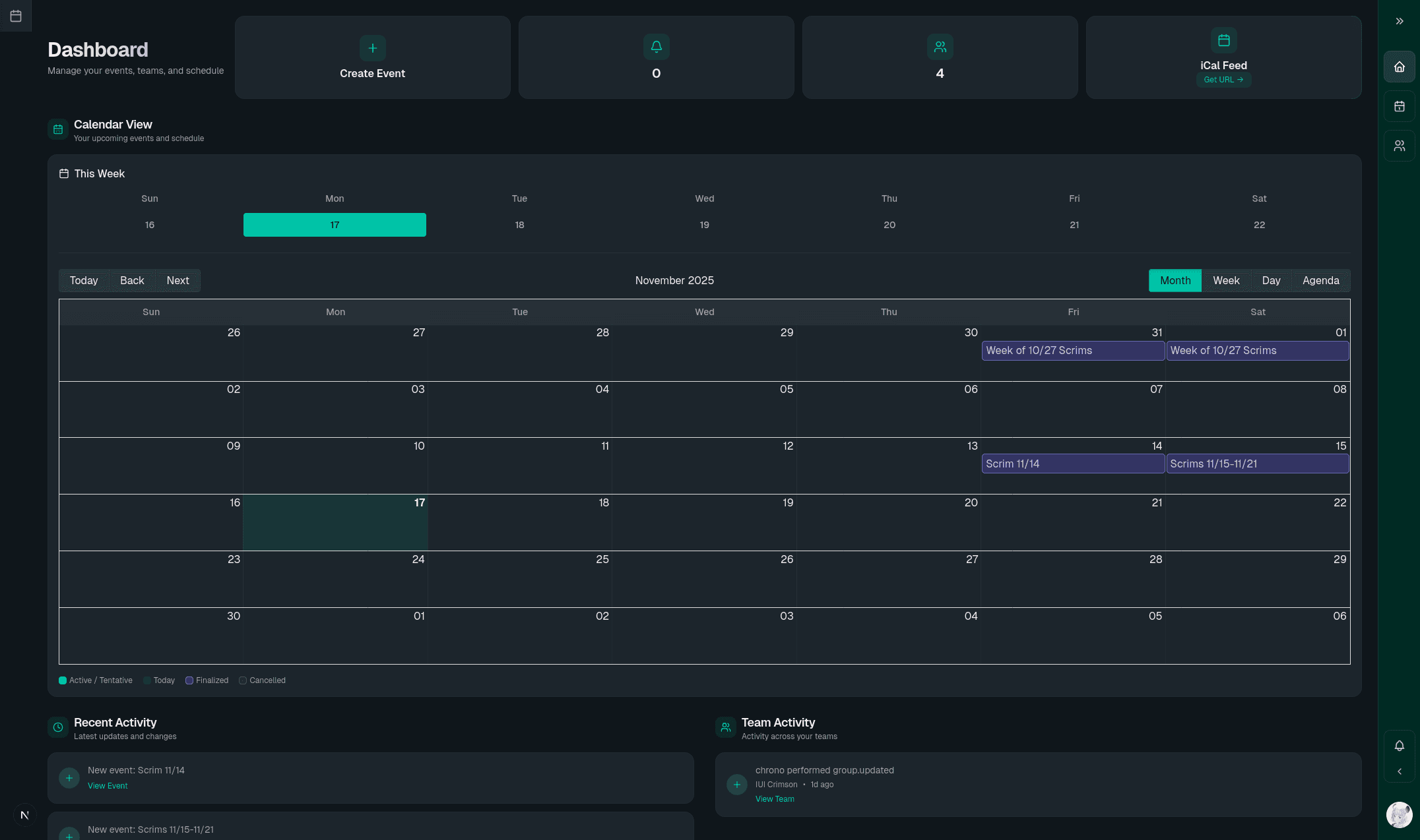 Event Dashboard showing upcoming events